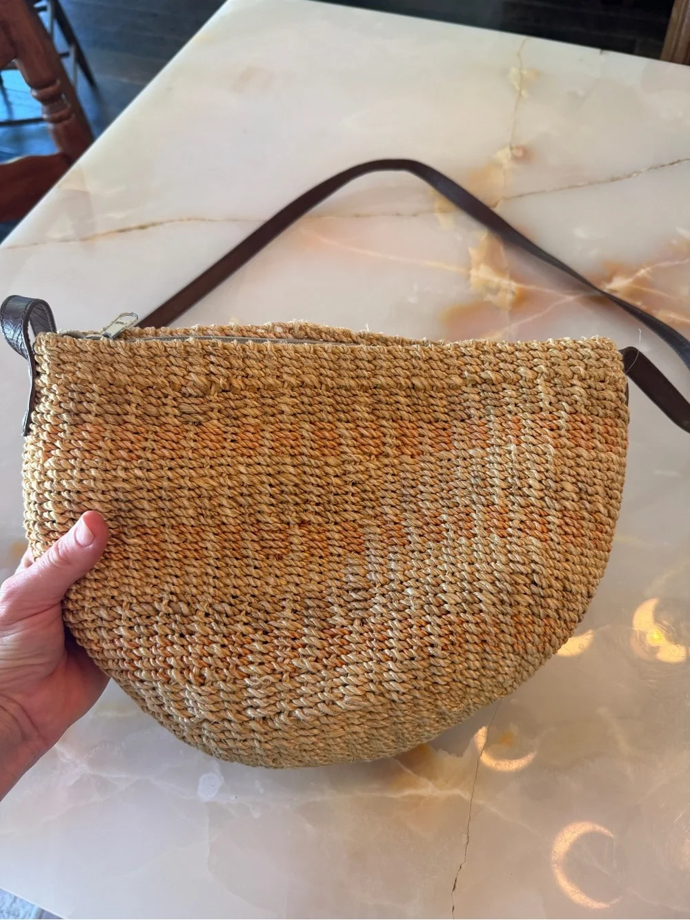 Vintage Natural Straw Crossbody Bag with Brown Strap